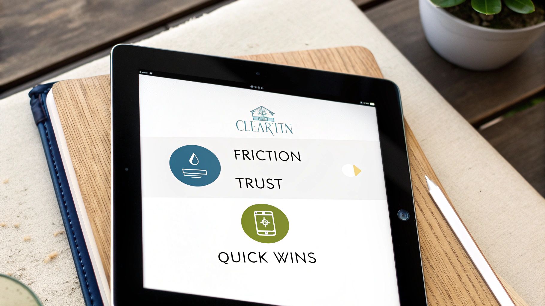 A tablet displaying a business app with 'Friction', 'Trust', and 'Quick Wins' concepts, next to a stylus.