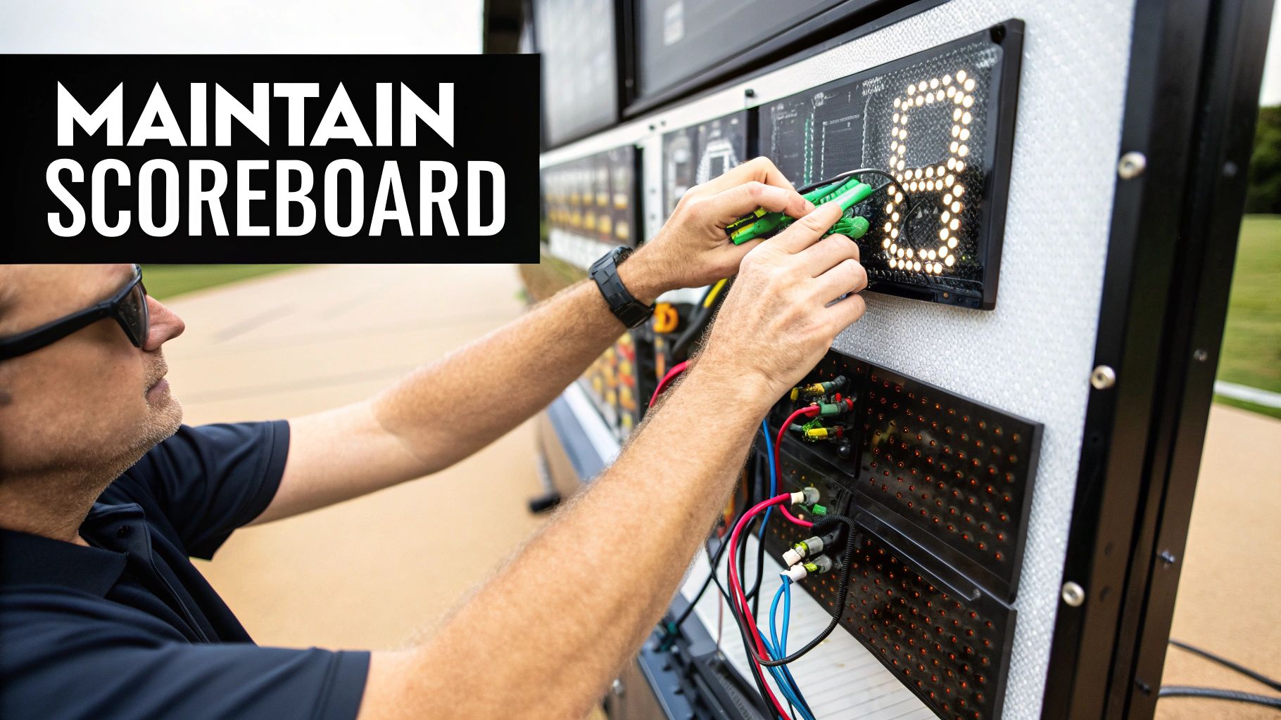 Choosing Scoreboards for Basketball A Complete Guide 3 A basketball scoreboard being cleaned during maintenance