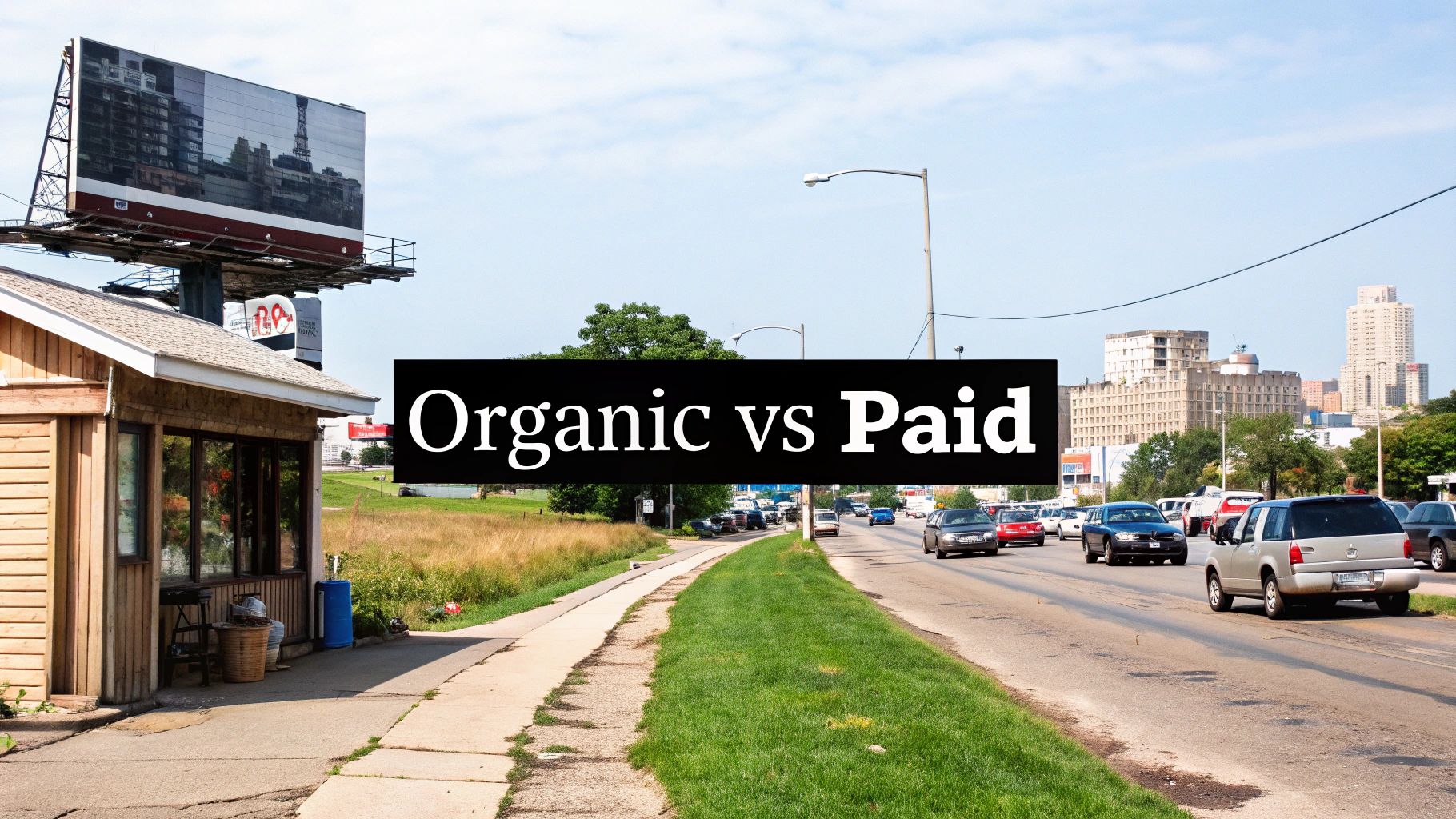 A signpost with two arrows pointing in opposite directions, one labeled "Organic" and the other "Paid," representing the choice between organic and paid traffic.