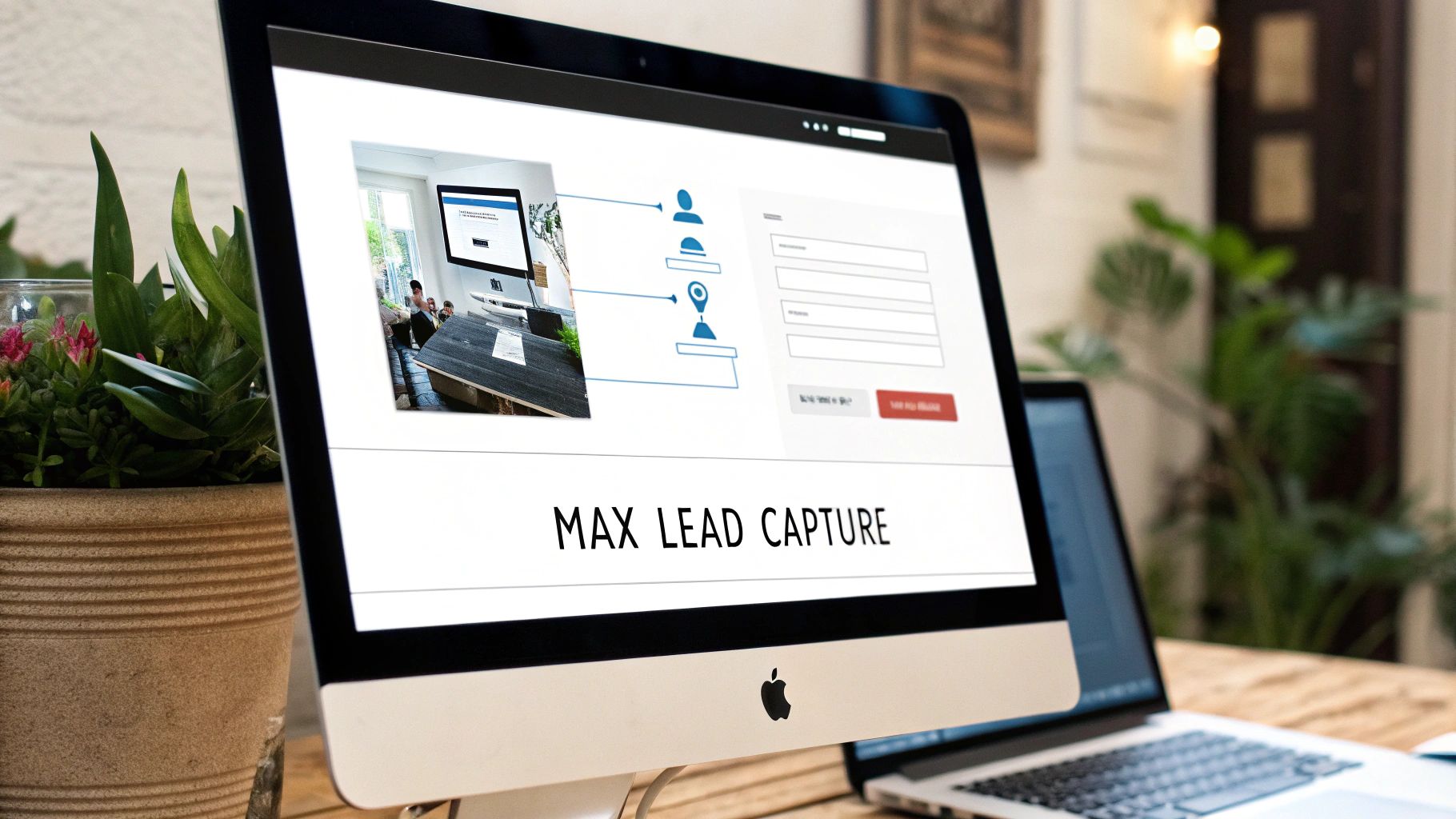 A person's hands connecting various icons representing website elements and email marketing on a digital interface.