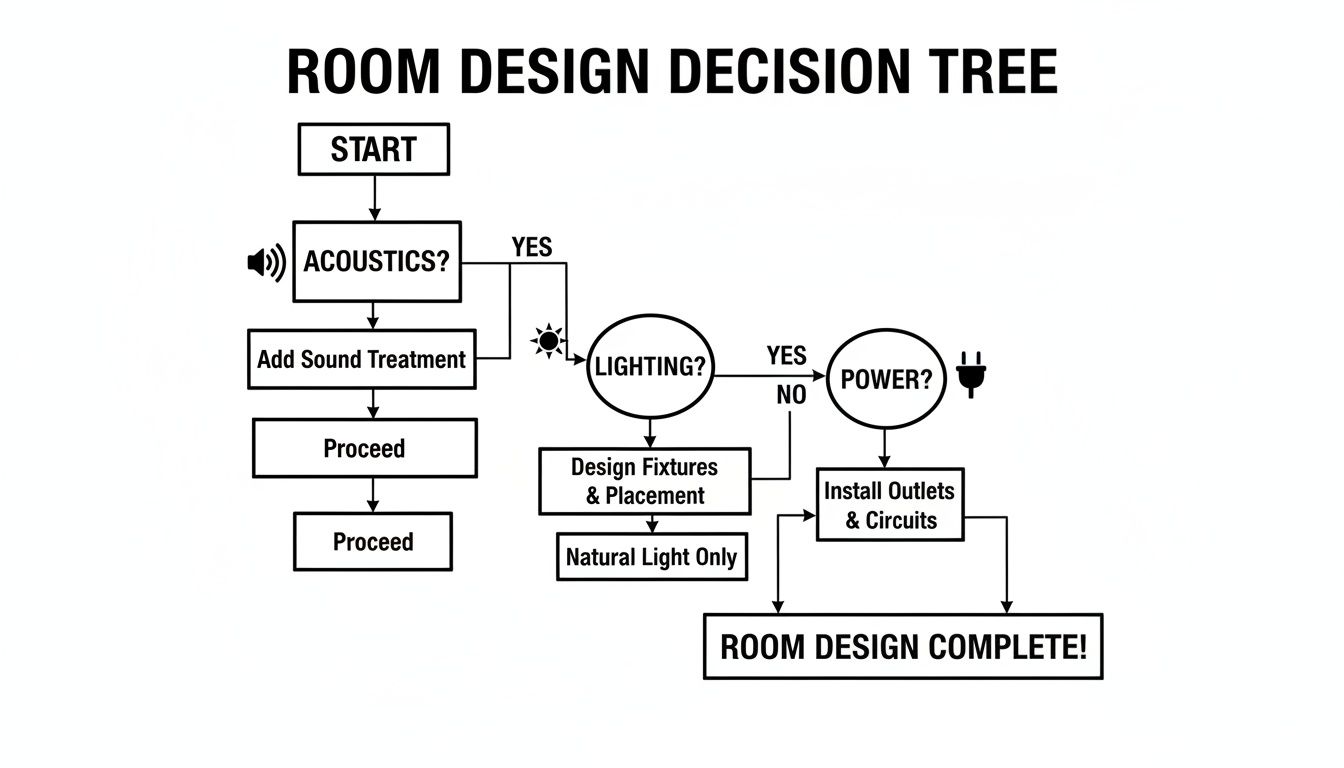 A flowchart illustrates a room design decision tree, covering acoustics, lighting, and power decisions.