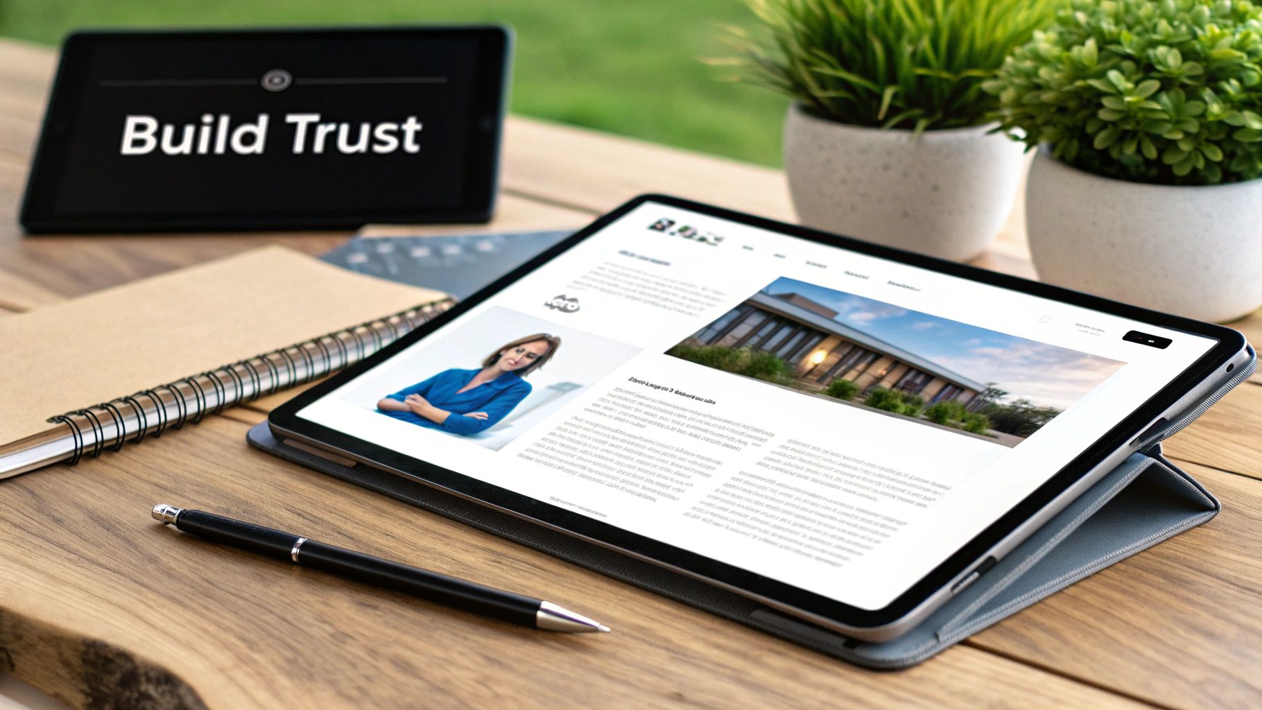 A tablet displaying a webpage about building trust, with a notebook, pen, and plants on a wooden desk.