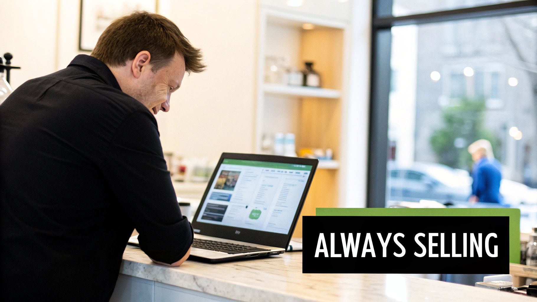 A man in a black shirt working on a laptop at a counter, focused and smiling.