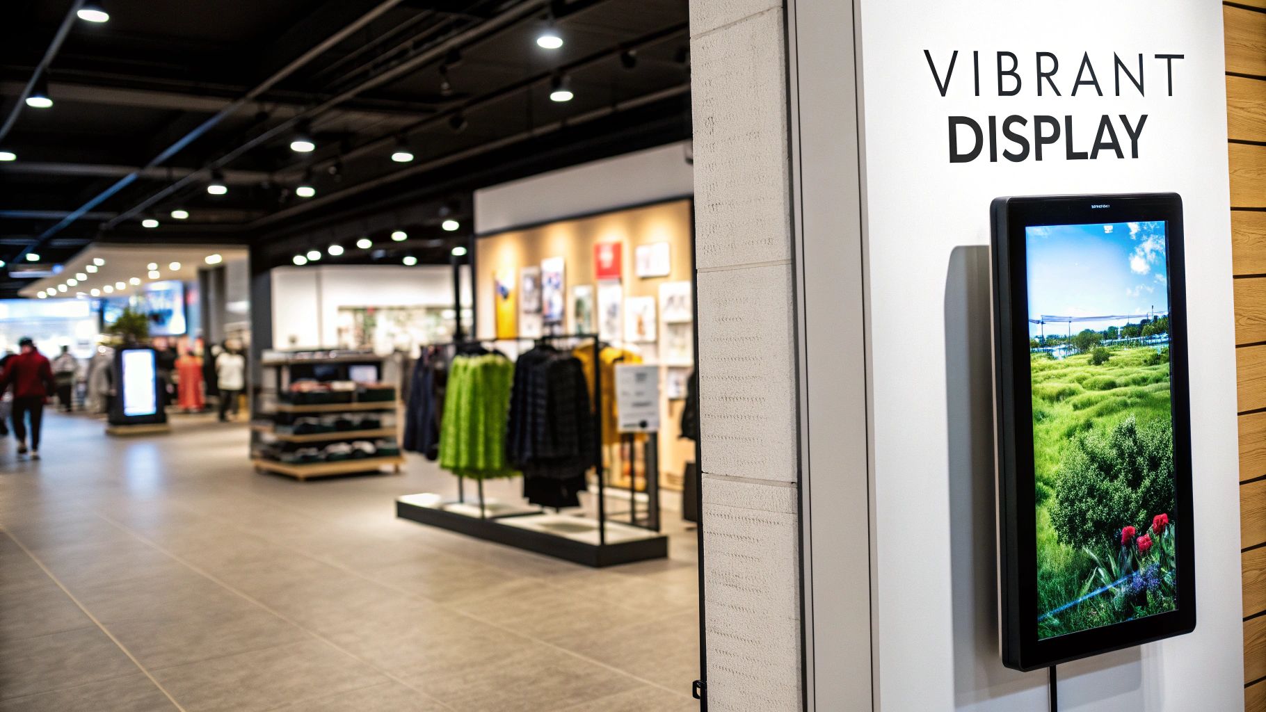 A Practical Guide to LED Light Boxes for Business and Home 1 A digital display showcasing a vibrant nature scene inside a modern retail store environment.