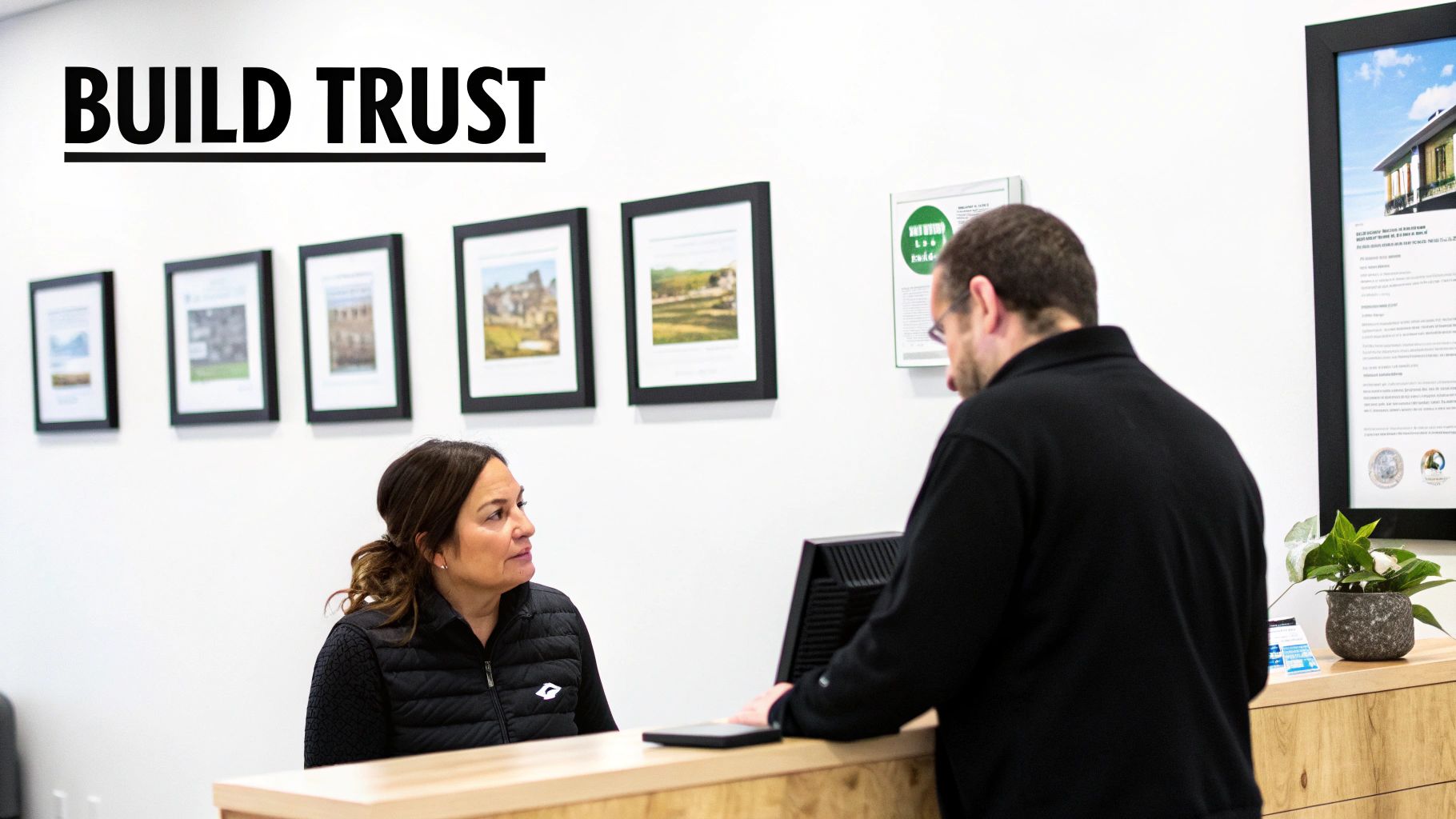 Two professionals, a woman and a man, interacting at a modern reception desk in an office.
