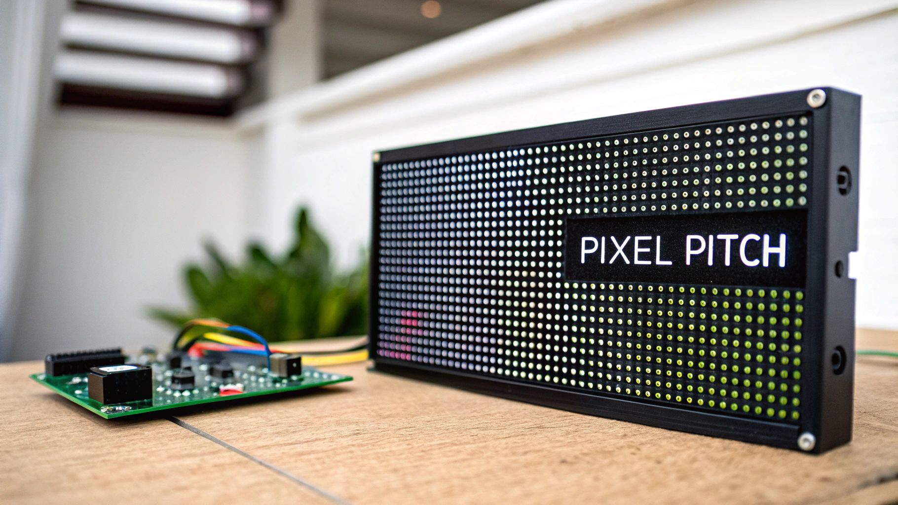 LED display matrix panel labeled Pixel Pitch with colorful illuminated dots and controller board