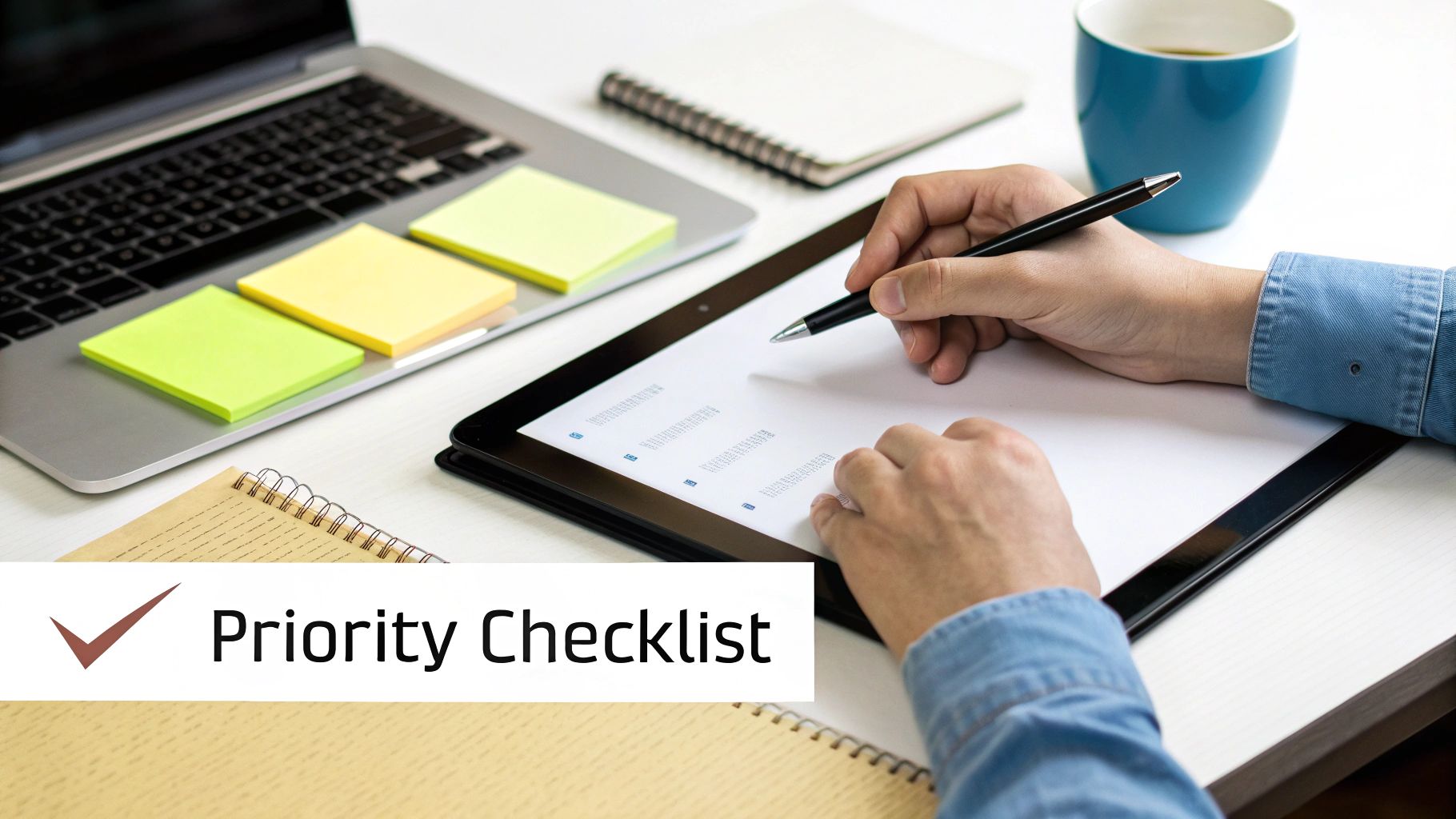 Hands writing on a digital tablet with a pen, next to a laptop, sticky notes, and a 'Priority Checklist' banner.