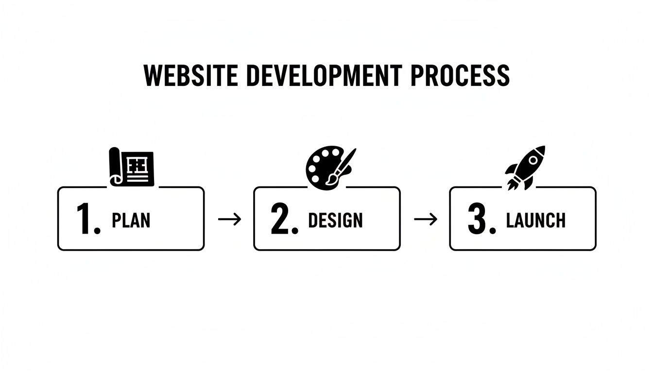 An infographic showing the three main stages of website development: plan, design, and launch.