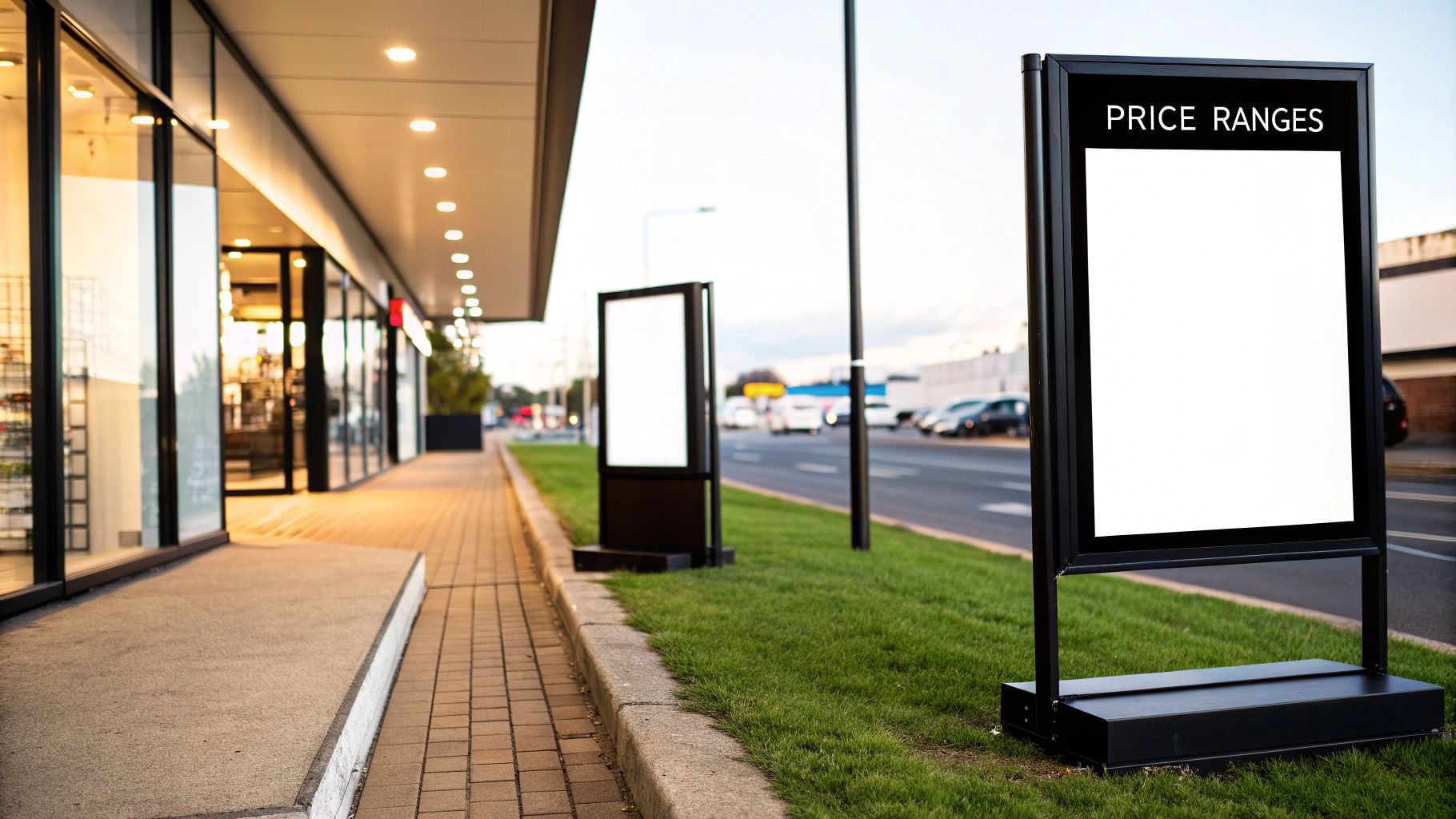 A black digital sign displaying 'PRICE RANGES' stands beside a sidewalk, storefronts, and a road.