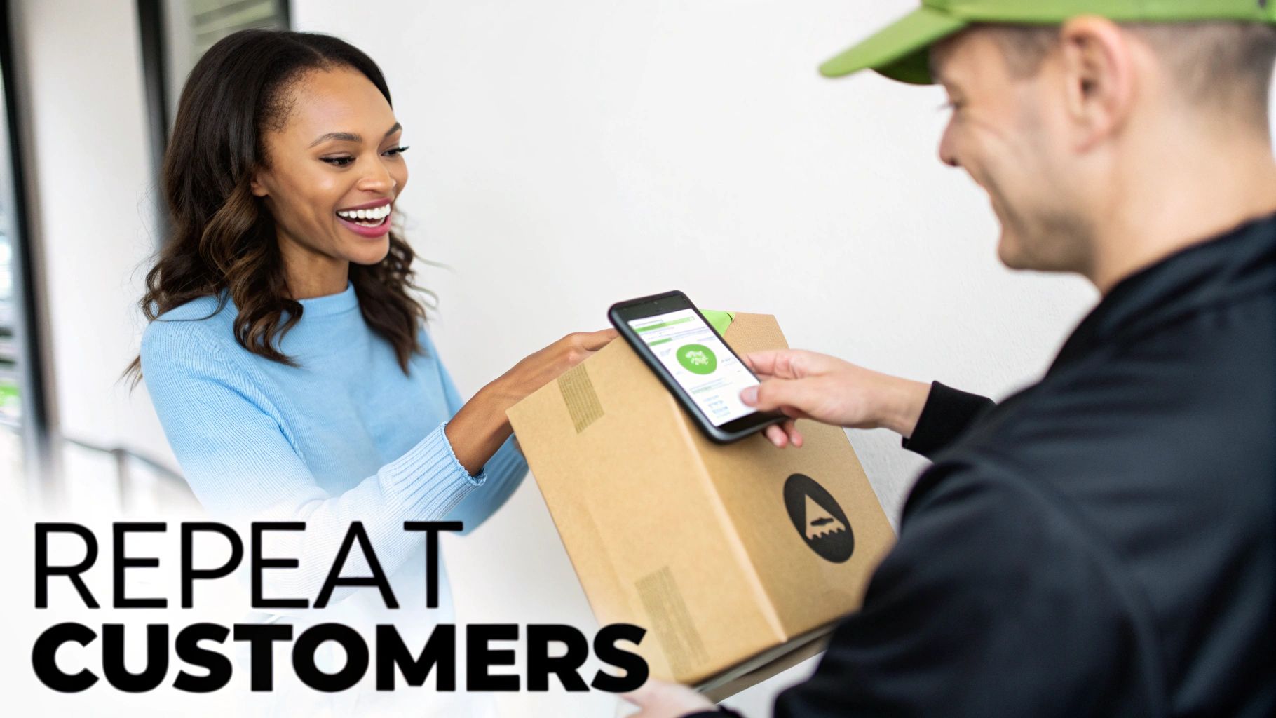 A smiling woman receives a package from a delivery driver, illustrating customer satisfaction and repeat business.