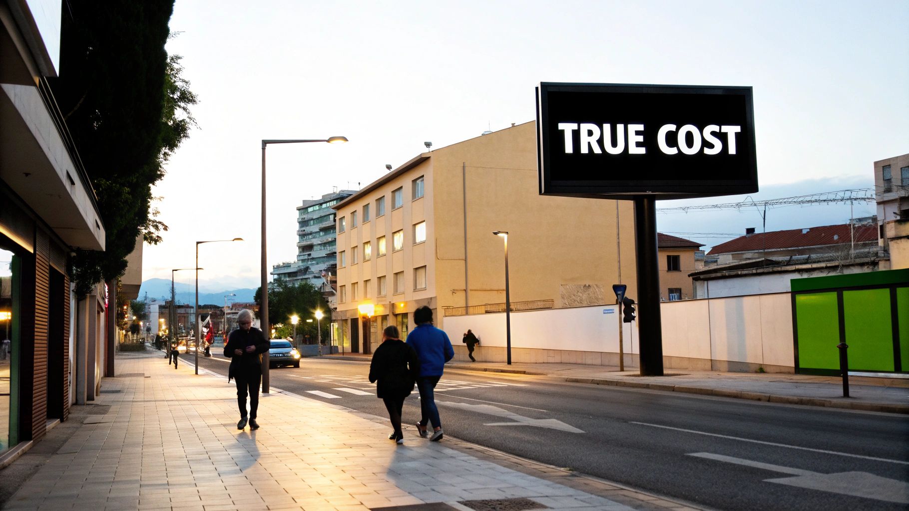 led billboard advertising rates: A Clear Cost Guide 1 A large, vibrant LED billboard at a busy city intersection at dusk, showcasing a colorful advertisement.
