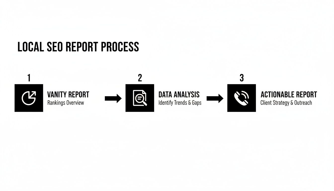 A three-step local SEO report process showing vanity report, data analysis, and actionable report stages.
