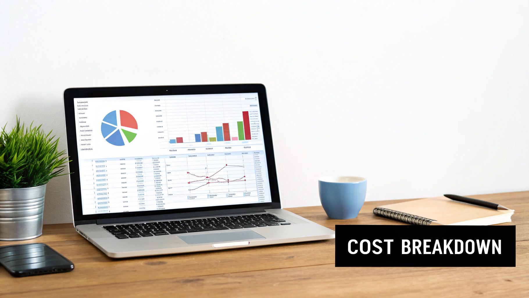 A laptop displaying financial charts and data on a wooden desk with office supplies and a 'COST BREAKDOWN' text.