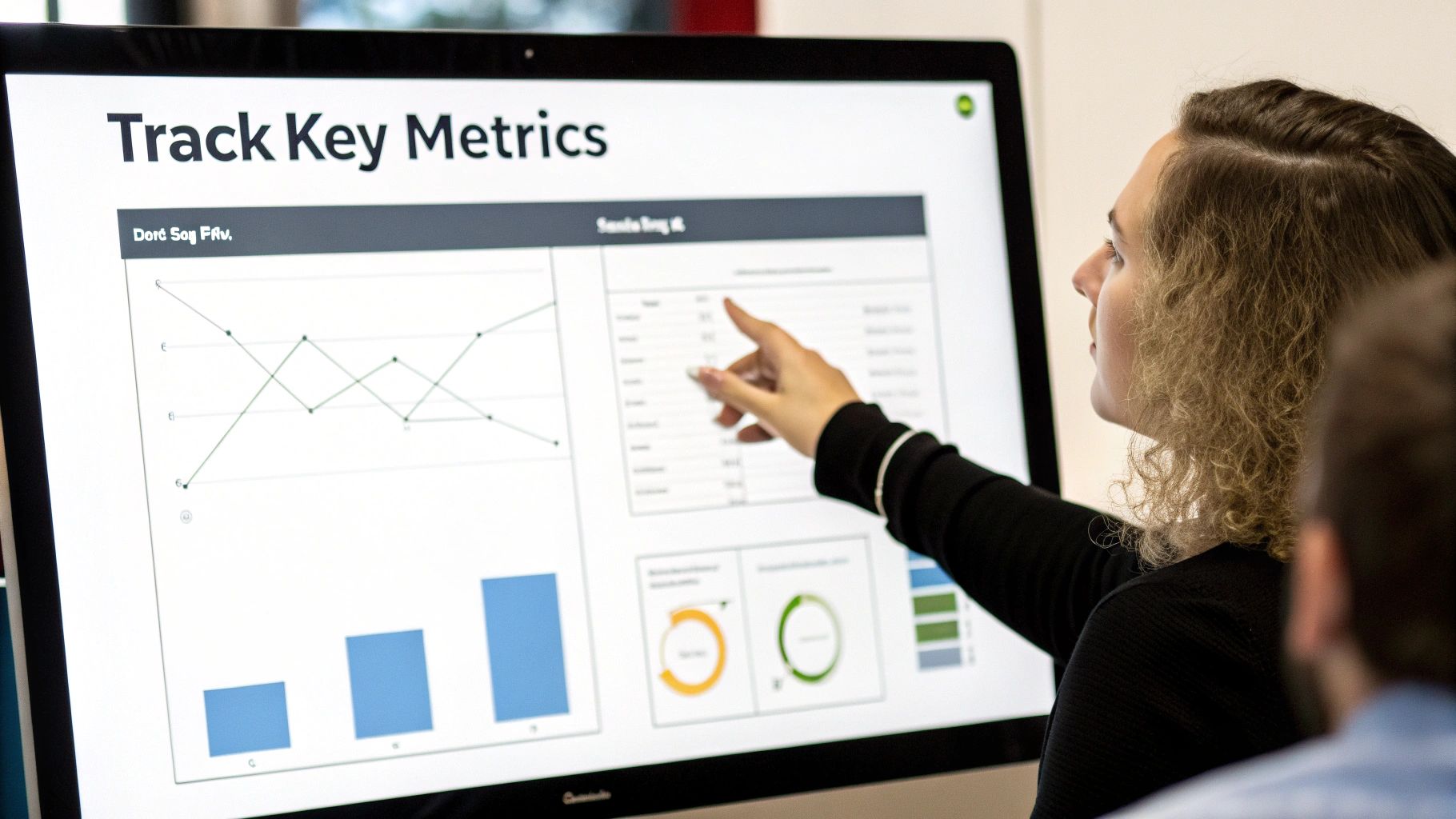 Professional woman pointing at business analytics dashboard displaying key performance metrics and sales data
