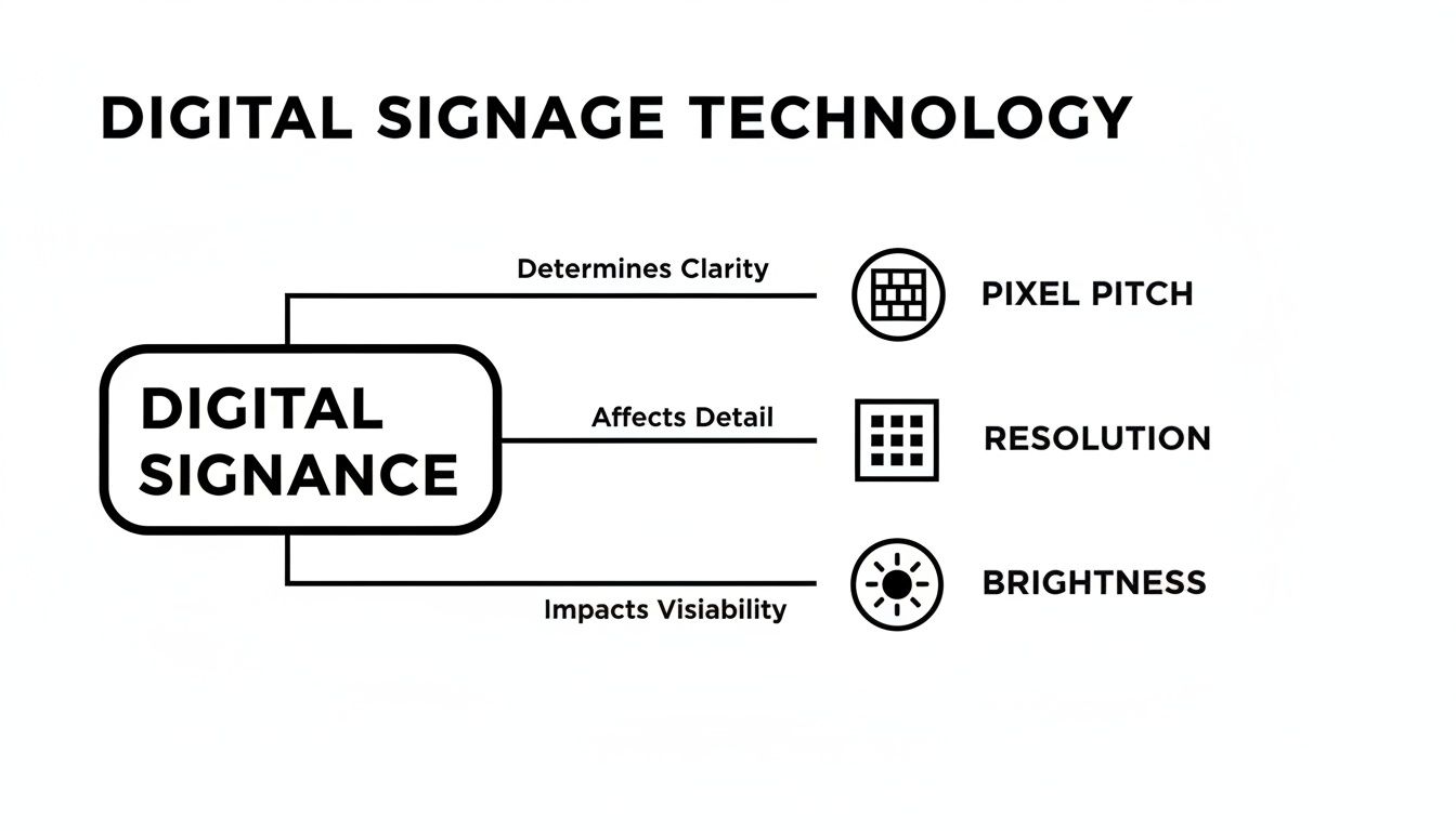 Diagram illustrating digital signage technology, detailing how pixel pitch, resolution, and brightness influence display quality.