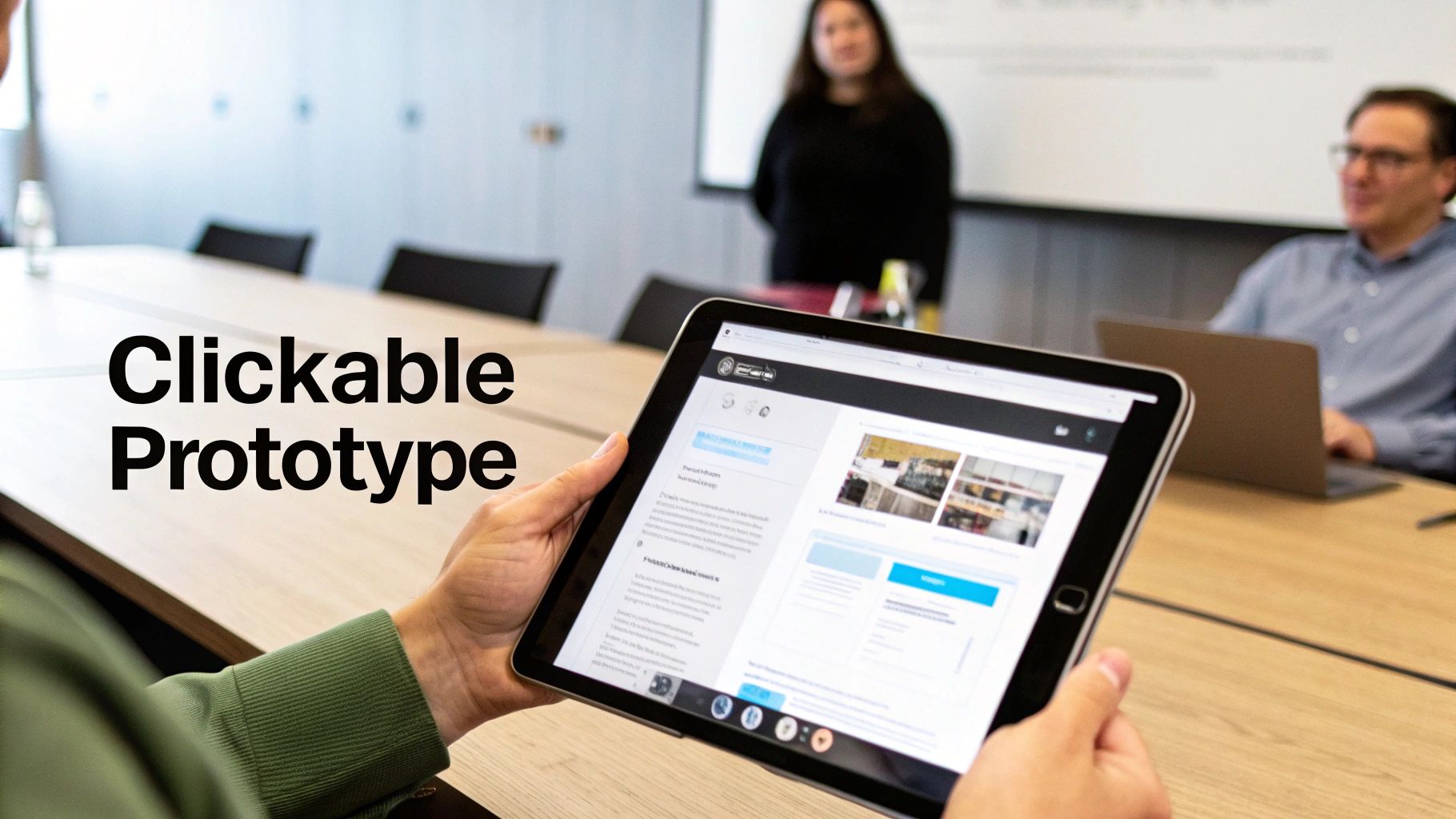 Person holds a tablet showcasing a clickable website prototype in a modern meeting room setting.