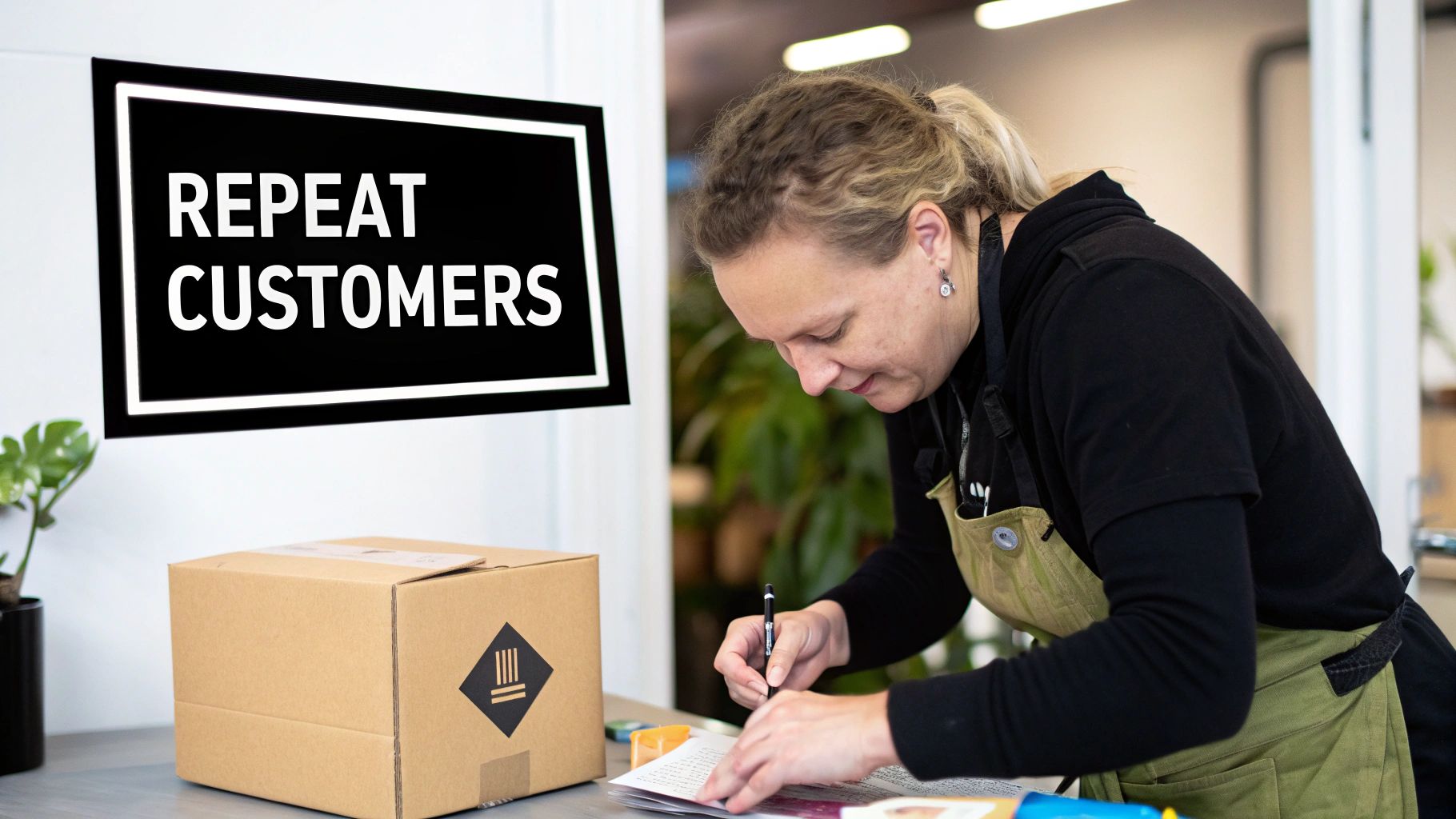 Woman writing personal note for repeat customer while preparing package in fulfillment center