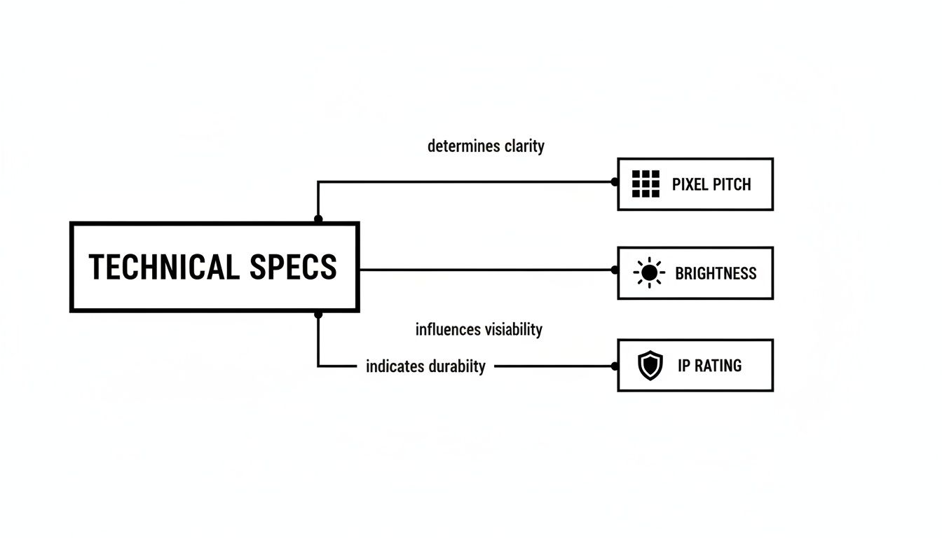 A Complete Guide to Digital LED Signage 3 Flowchart illustrating technical specifications: Pixel Pitch determines clarity, Brightness influences visibility, and IP Rating indicates durability.
