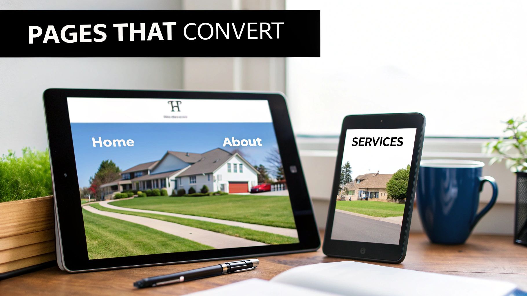 Tablet and smartphone showcasing responsive website pages with home images, emphasizing 'Pages That Convert' for business.