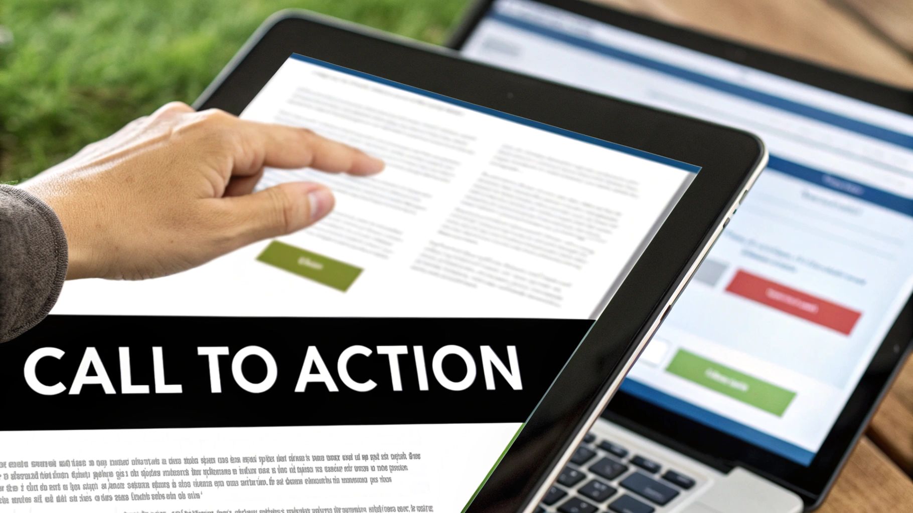 A hand taps a tablet screen showing a 'CALL TO ACTION' banner, with a laptop nearby.