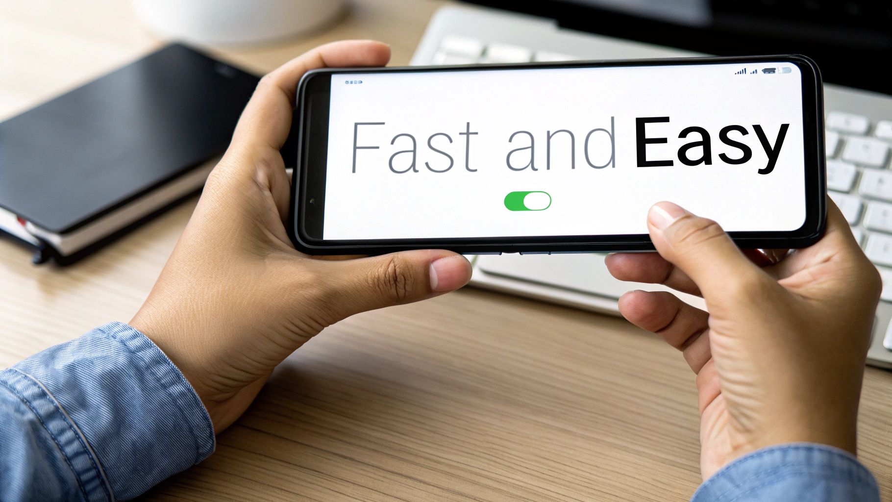 Hands holding a smartphone displaying 'Fast and Easy' text with a green toggle switch on a white screen.