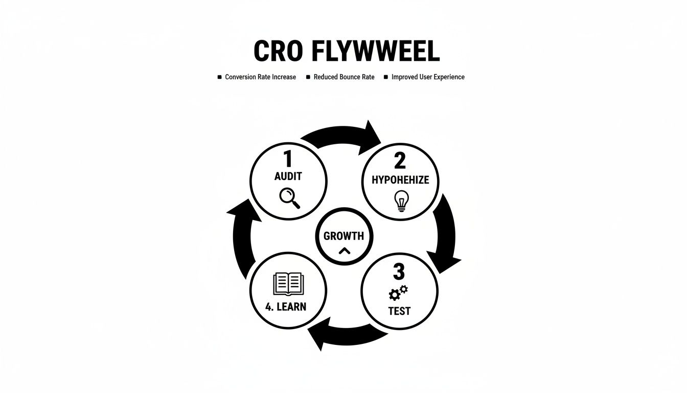 A CRO Flywheel diagram detailing steps: Audit, Hypothesize, Test, and Learn, fostering Growth.