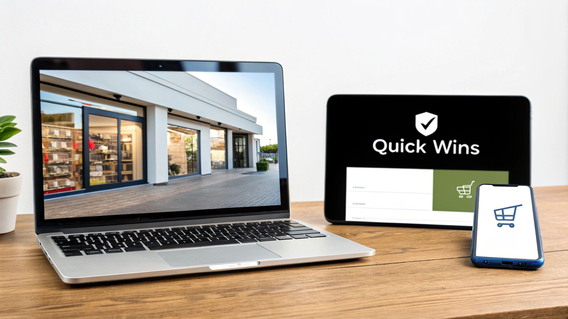 Laptop displaying a store, tablet showing 'Quick Wins' with a shopping cart, and a smartphone. E-commerce concept.