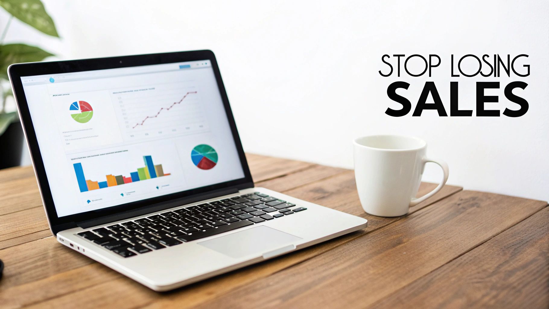A laptop displaying business sales charts and graphs, a white coffee mug, and 'STOP LOSING SALES' text.