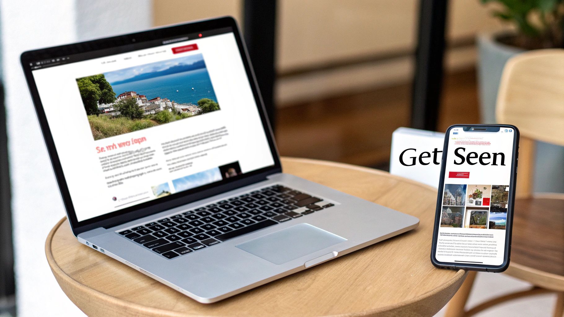 A modern laptop and a smartphone showcasing digital content, positioned on a stylish wooden table.
