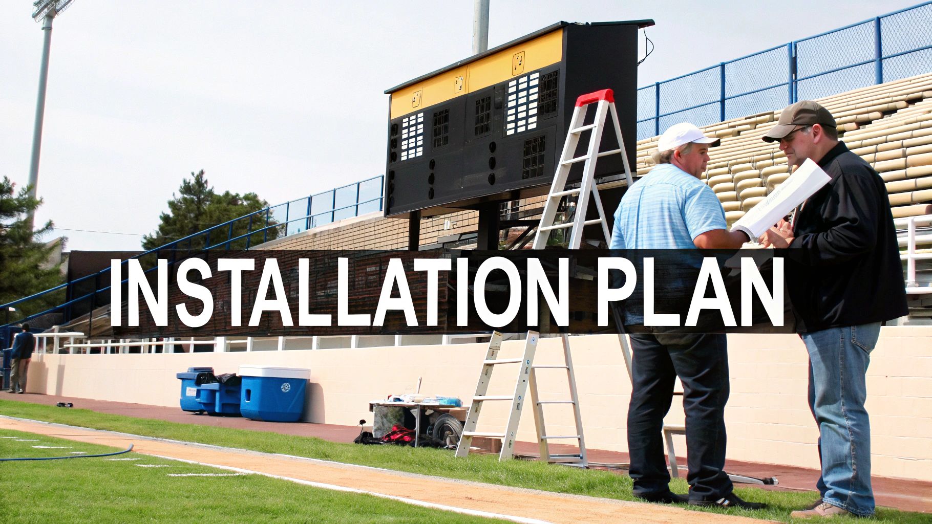 Two workers review installation plans for a new scoreboard at a high school football stadium.
