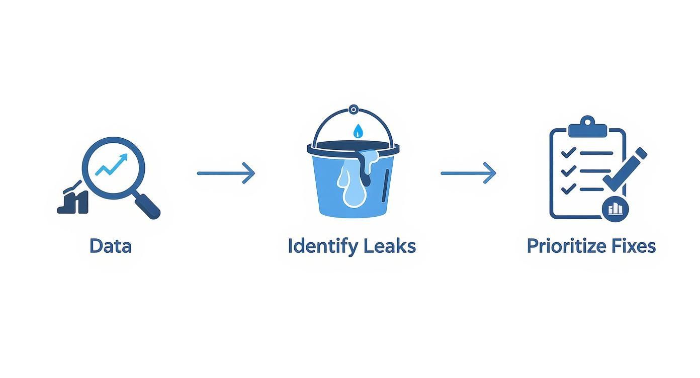 Process diagram showing data analysis, identifying leaks with a leaky bucket, and prioritizing fixes on a clipboard.