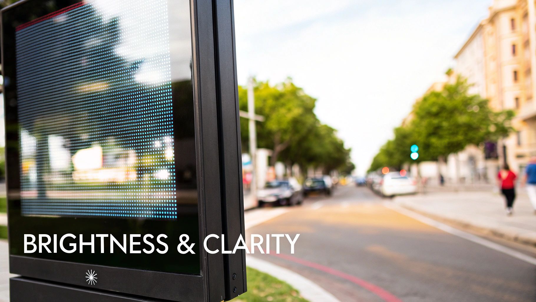 An illuminated digital restaurant sign displaying a food promotion at dusk