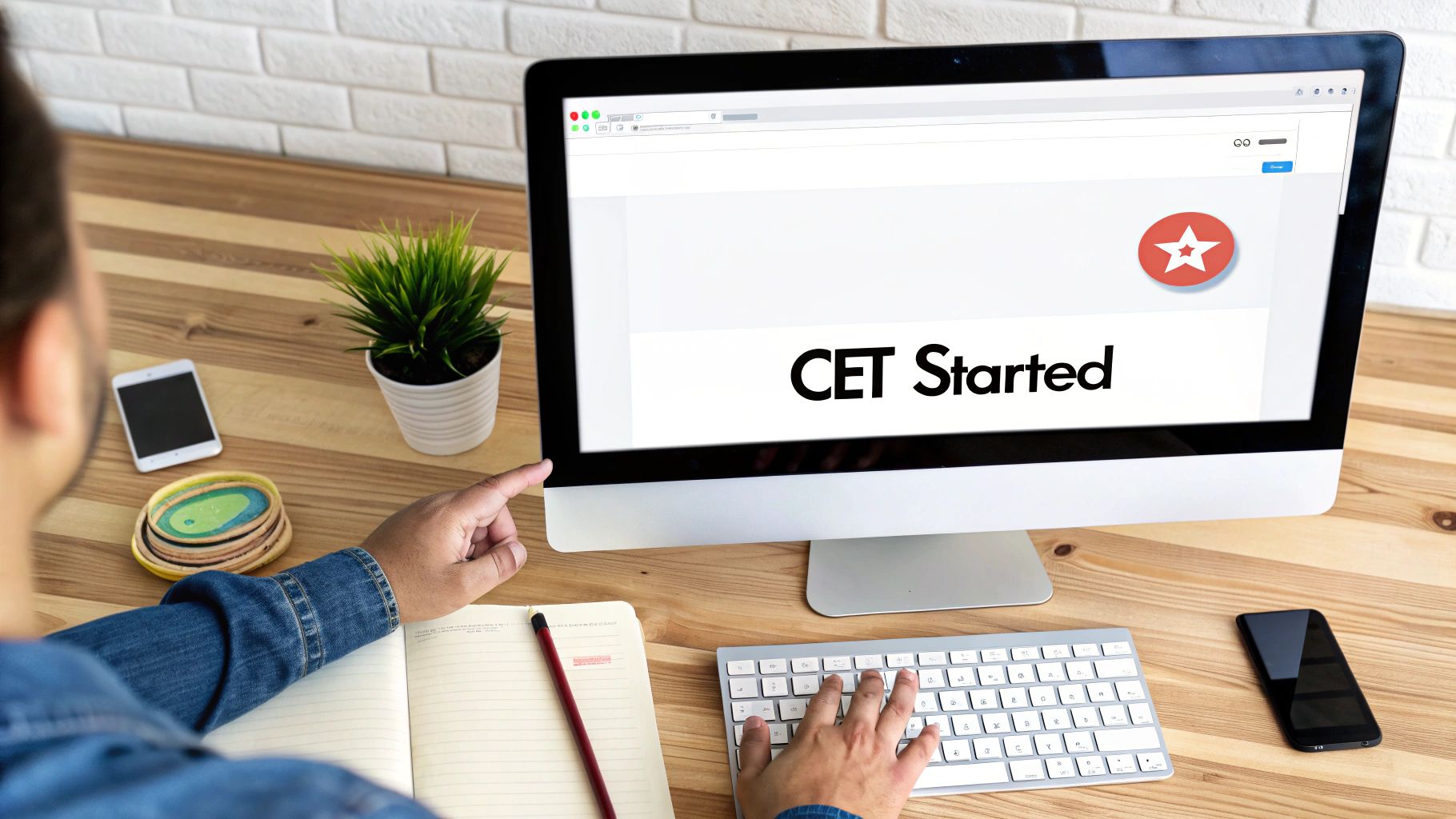 A person points at a computer monitor displaying a website with 'CET Started' and a star icon.