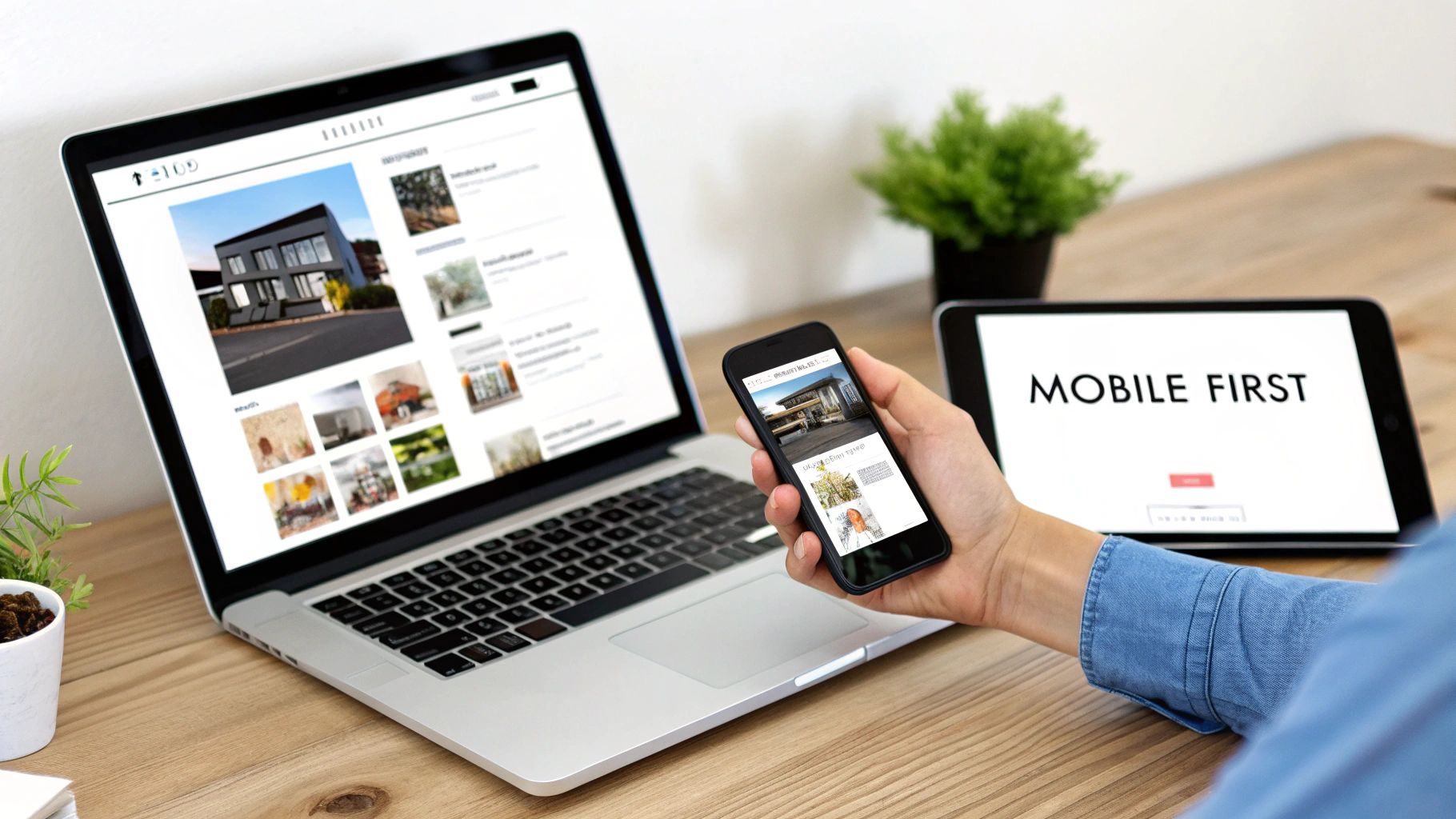 A person reviewing a responsive website design across a laptop, smartphone, and tablet, highlighting a mobile-first approach.