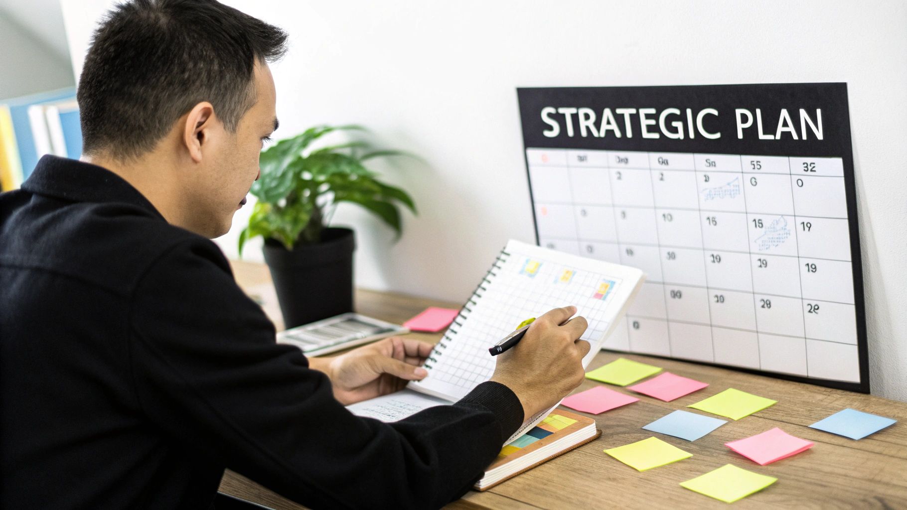 A person works on strategic planning, writing in a notebook next to a calendar and sticky notes.