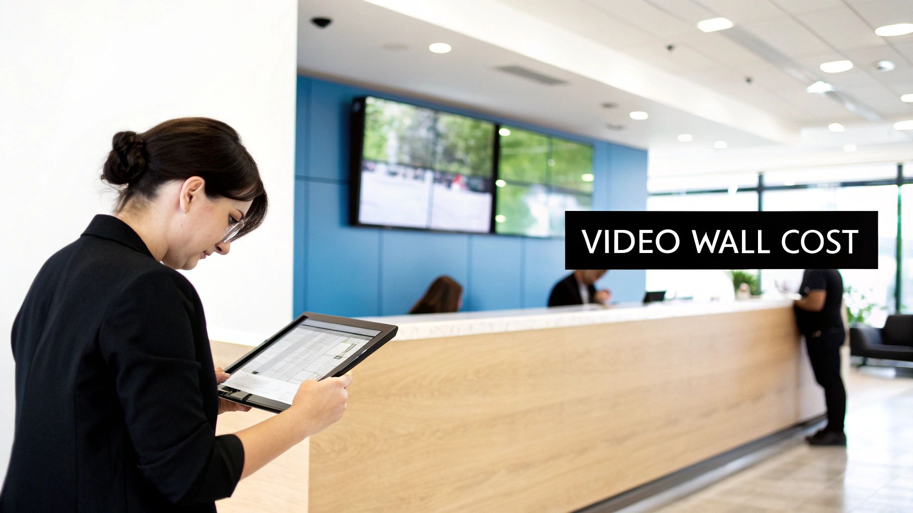 A Complete Guide to Understanding Video Walls Price 2 A woman uses a tablet in a modern office lobby with a large multi-screen video wall on a blue wall.