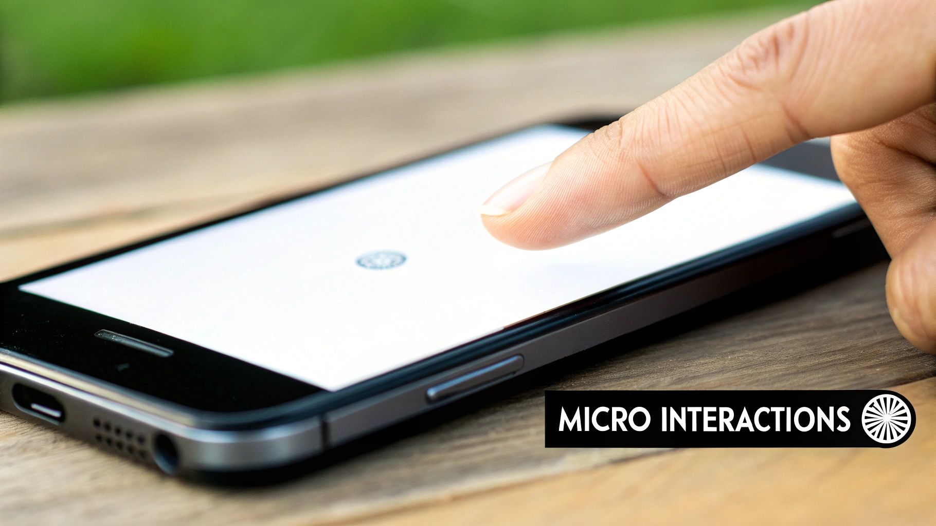 Close-up of a finger touching a smartphone screen displaying a circular loading icon on a wooden table.