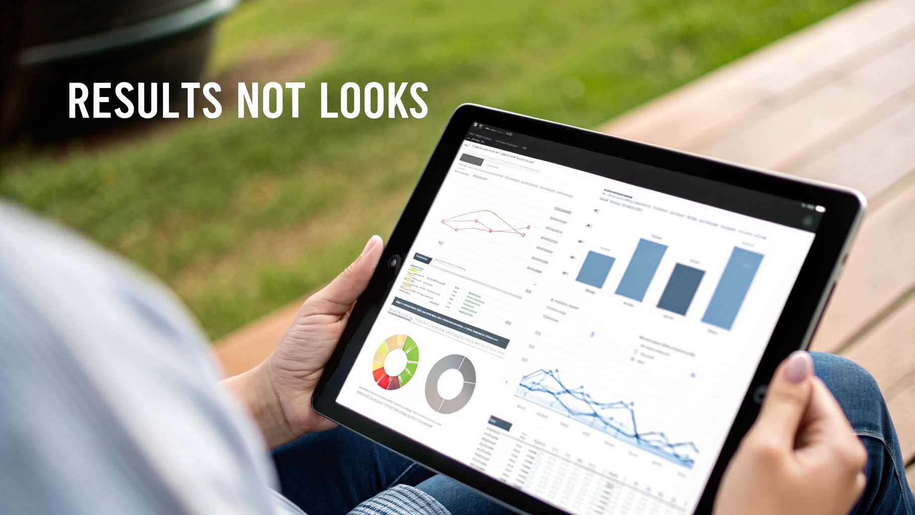 Person viewing business analytics dashboard with charts and graphs on tablet outdoors