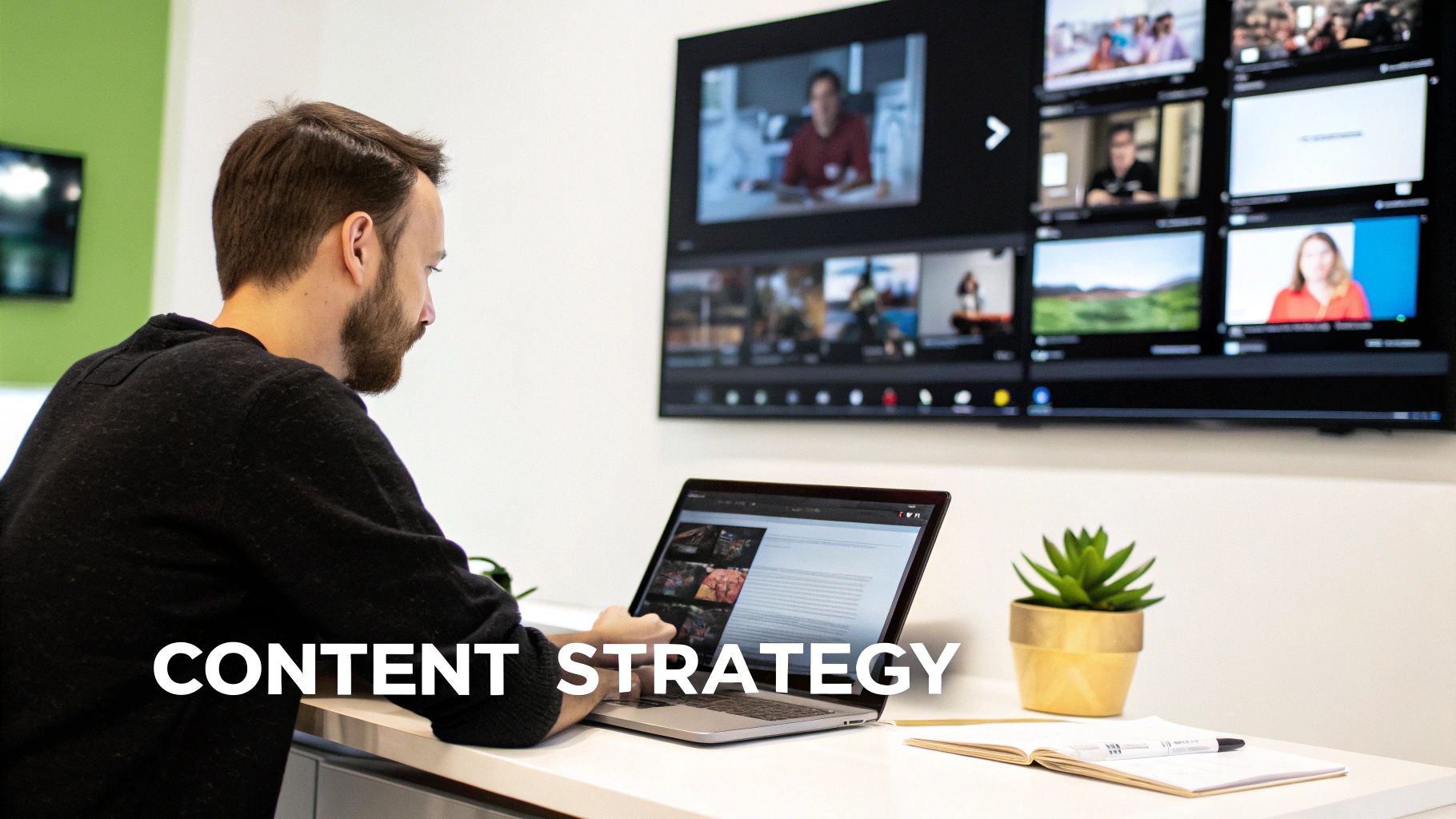 Professional working on content strategy with a laptop and dynamic video display walls.