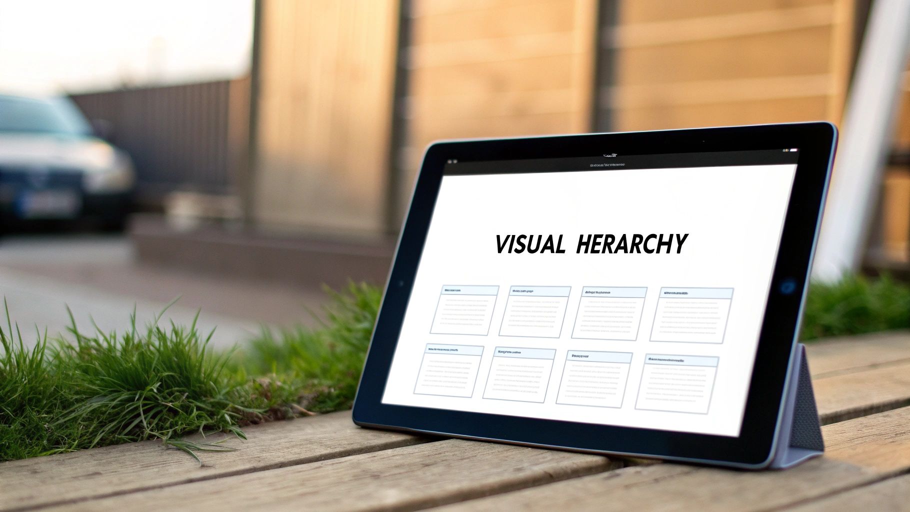An iPad on a wooden table displays 'VISUAL HIERARCHY' with multiple text boxes, outdoors.