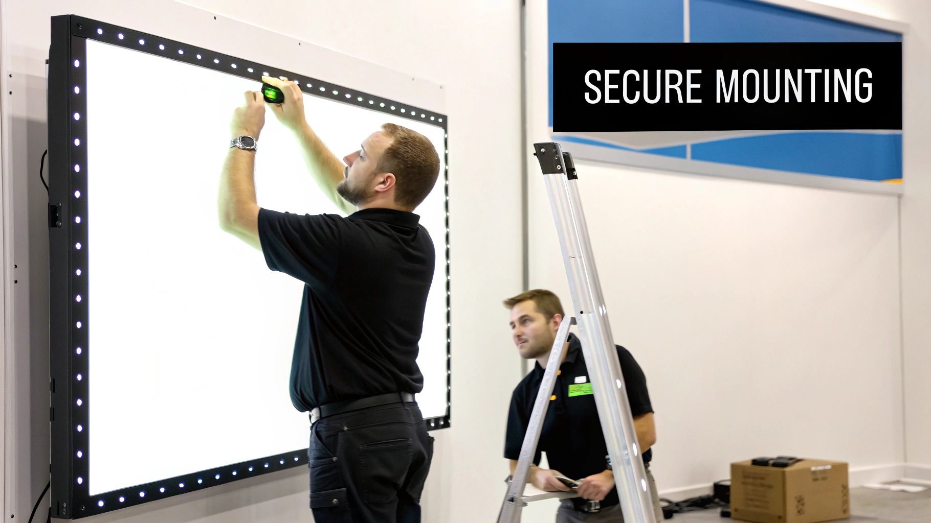 Technicians use a level to securely mount a large, illuminated LED display on a wall.