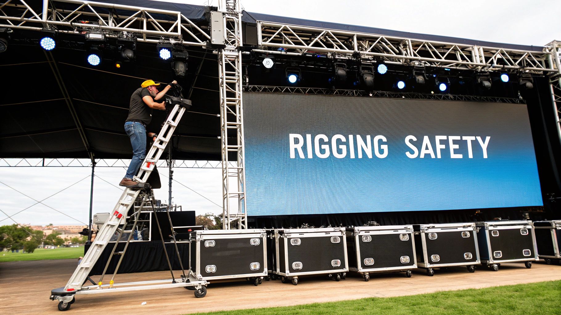 A Practical Guide to Choosing Displays for Shows 3 A technician on a ladder adjusts stage lighting next to a large LED screen displaying 'RIGGING SAFETY'.
