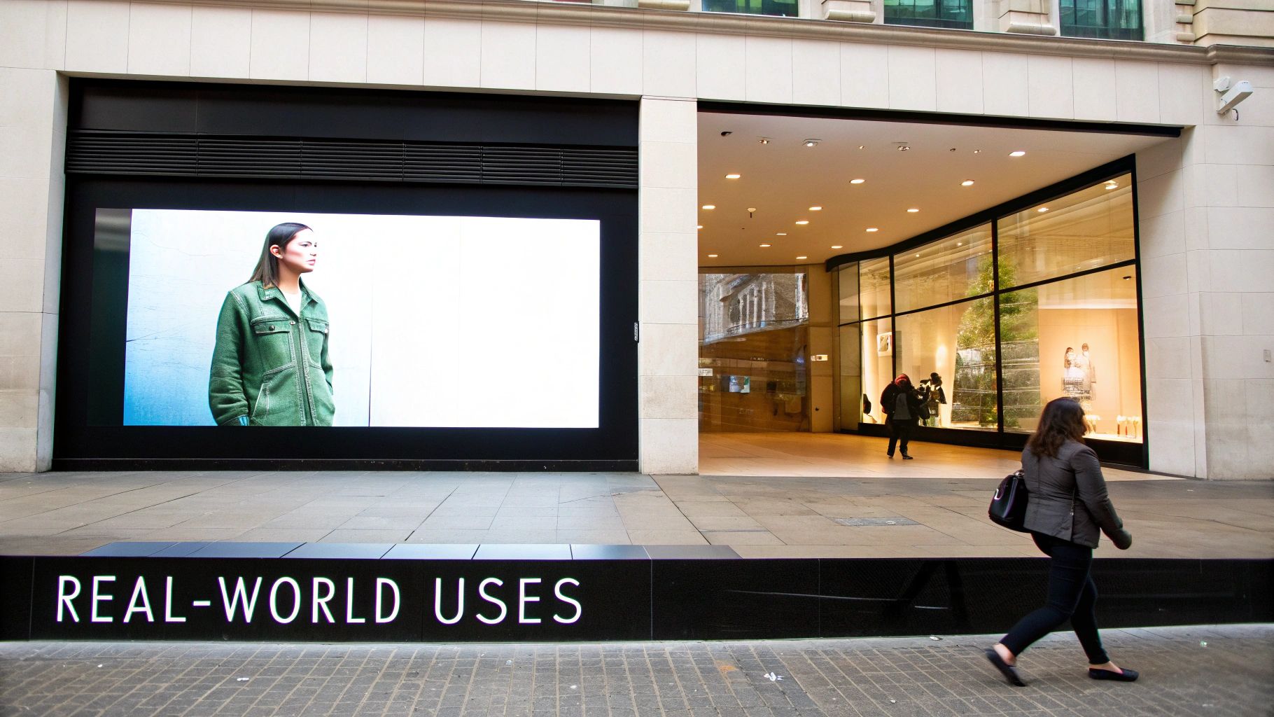 Large outdoor video display shows a woman in a green jacket on a busy city street.