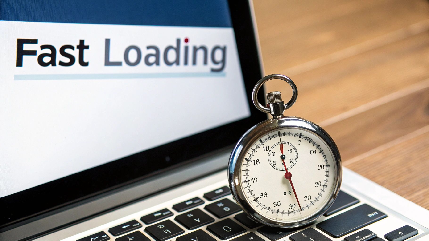 Laptop screen shows 'Fast Loading' with a stopwatch on the keyboard, symbolizing website speed.
