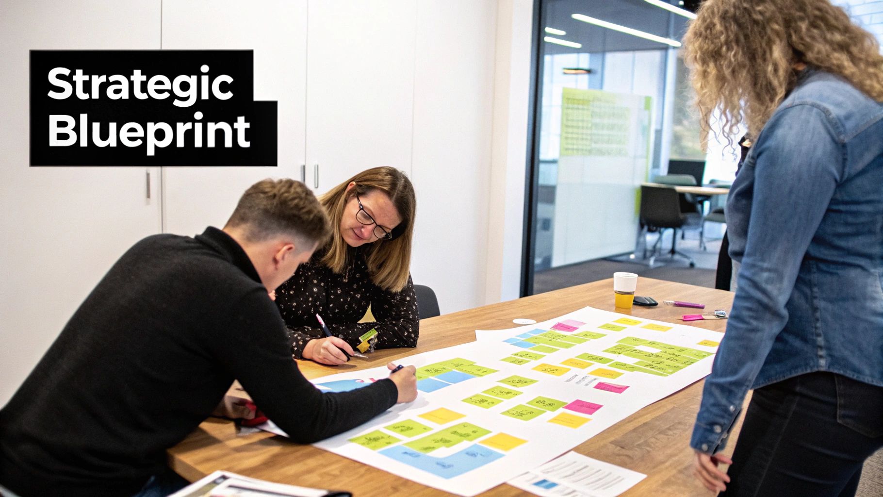 Three professionals collaborate on a strategic blueprint using sticky notes during an office meeting.