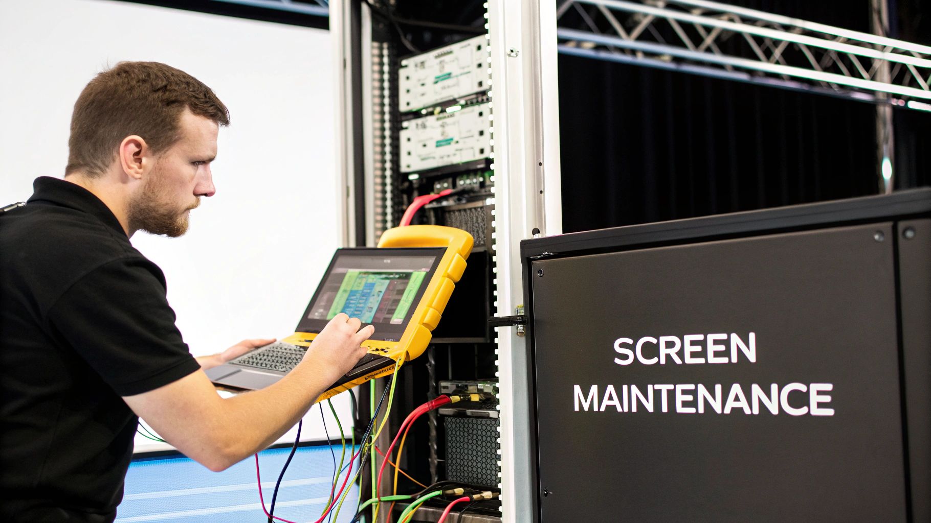 A Practical Guide to Using an LED Screen on Stage 3 Man performing screen maintenance on technical equipment with a rugged laptop and colorful wires.