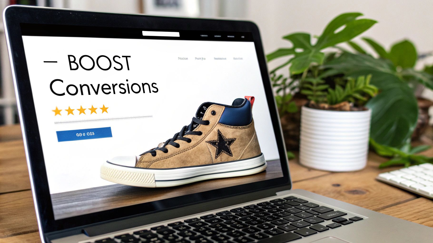 Laptop screen showing 'BOOST Conversions' text, four stars, and a high-top sneaker for e-commerce sales.
