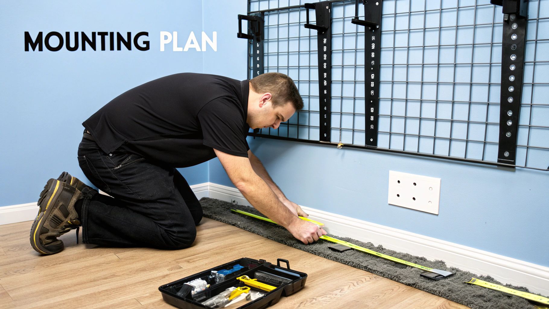 A man kneels, carefully measuring a wall with a tape measure for a mounting system installation.