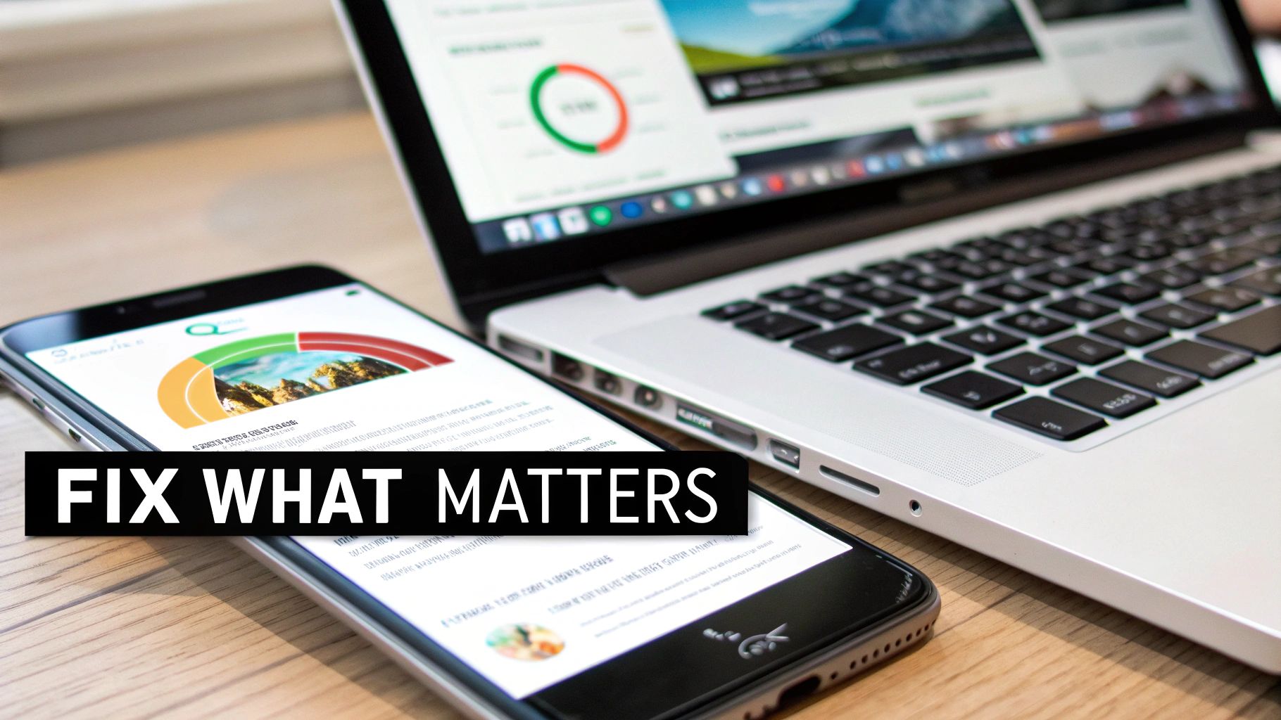 A smartphone and a laptop on a wooden desk, both displaying business analytics and charts. Text says 'FIX WHAT MATTERS'.