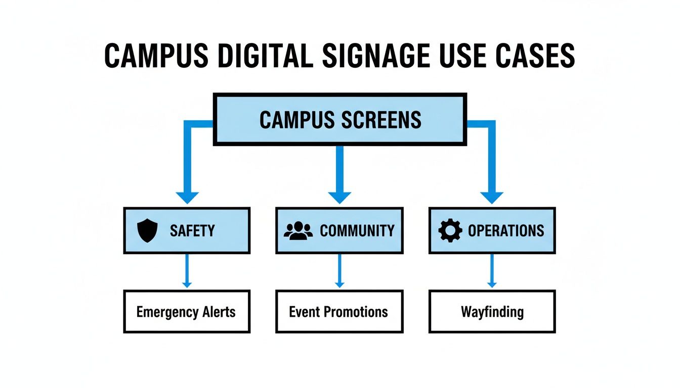 The Ultimate Guide to Digital Signage for Education 2 Flowchart outlining campus digital signage use cases: safety, community, and operations, including alerts, promotions, and wayfinding.